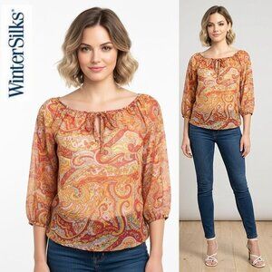 WINTER SILKS - 100% silk Boho short sleeve orange paisley blouse